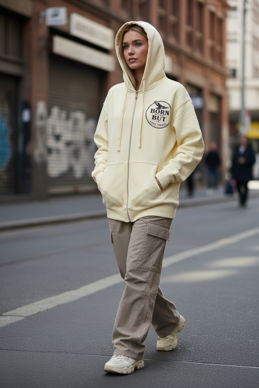 Model wearing the Zip Up Hoodie The Hawk on a Melbourne street