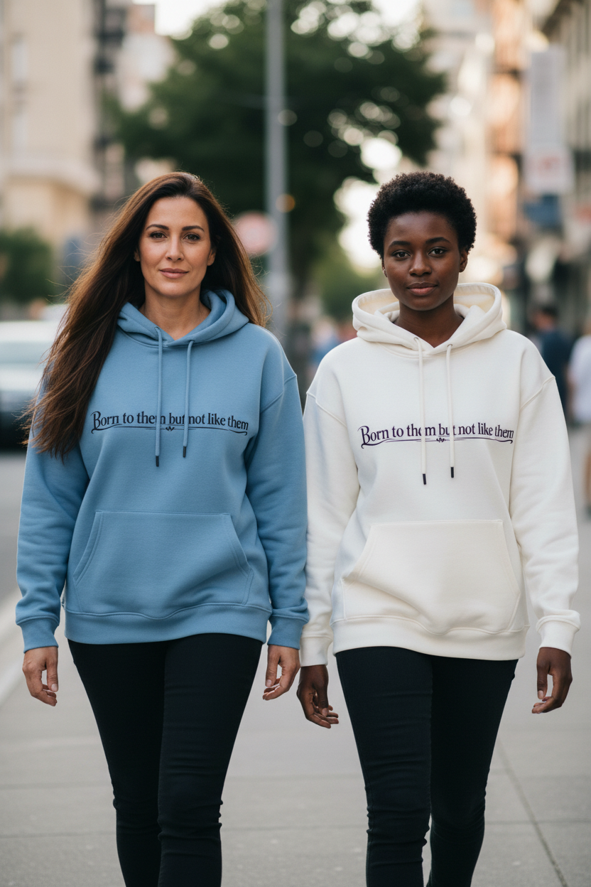 Two Women – Blue and White Hoodies